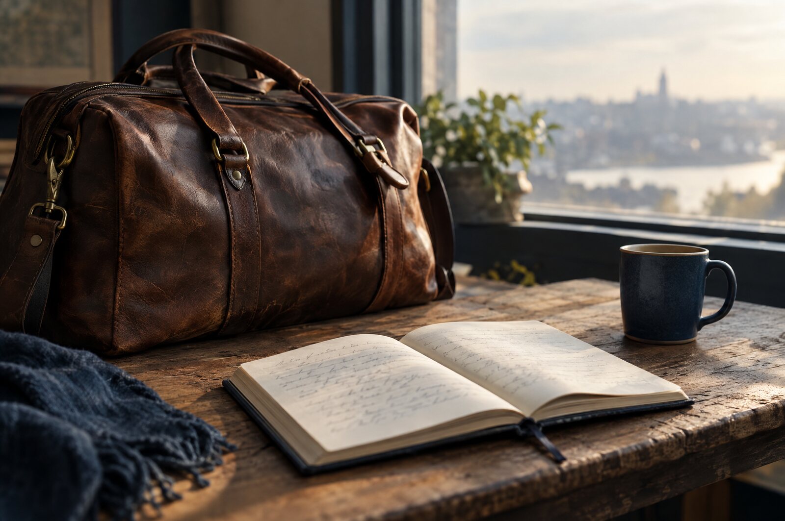 An open handwritten journal and a worn leather travel bag on a wooden table by a window