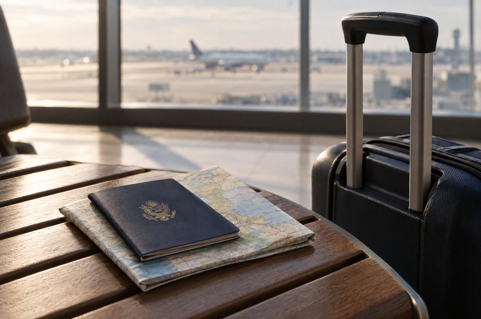 A U.S. passport on a folded travel map beside the handle of a carry-on suitcase, in airport window light