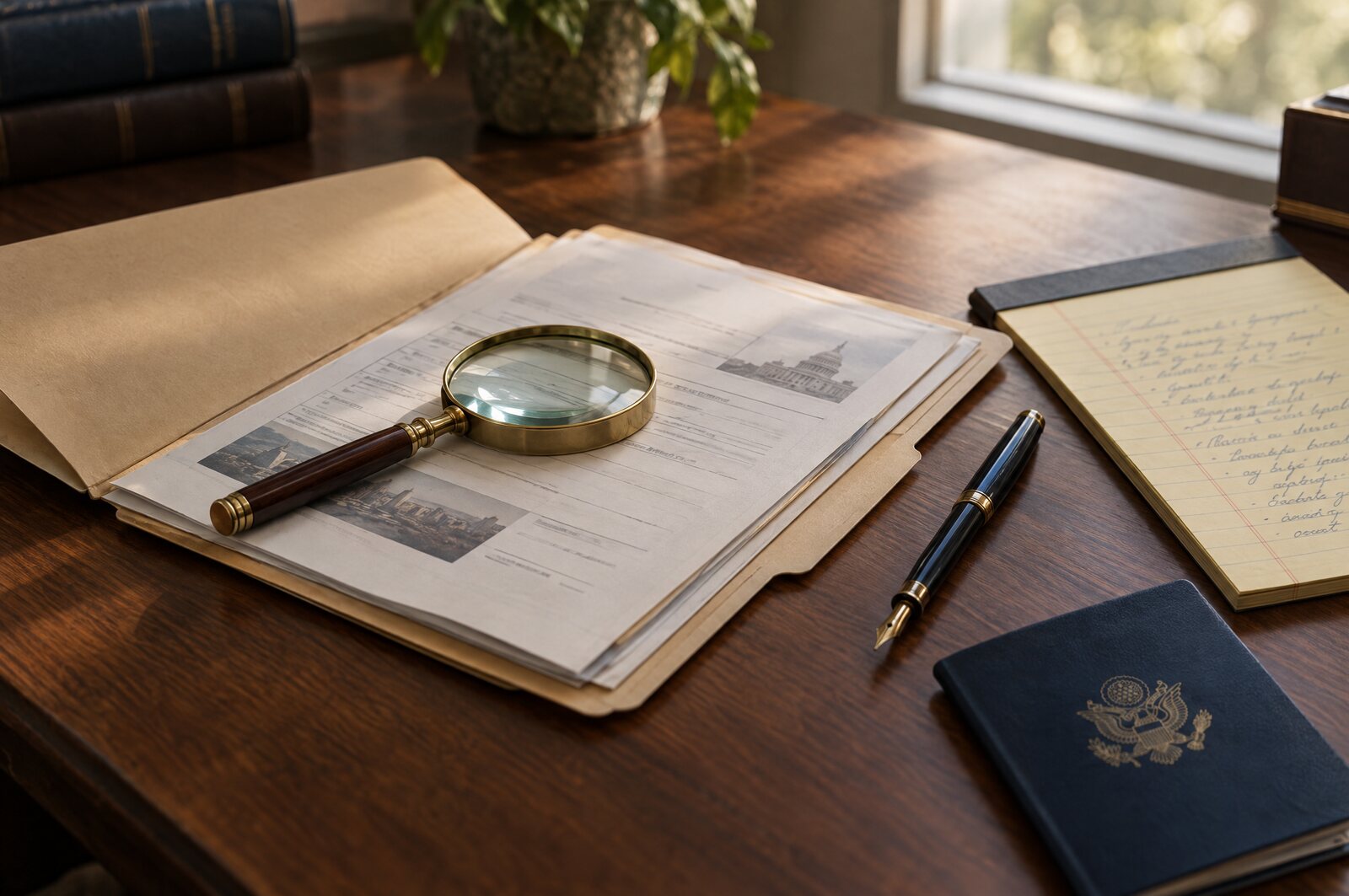 An open case file with a magnifying glass, fountain pen and handwritten notes on a desk