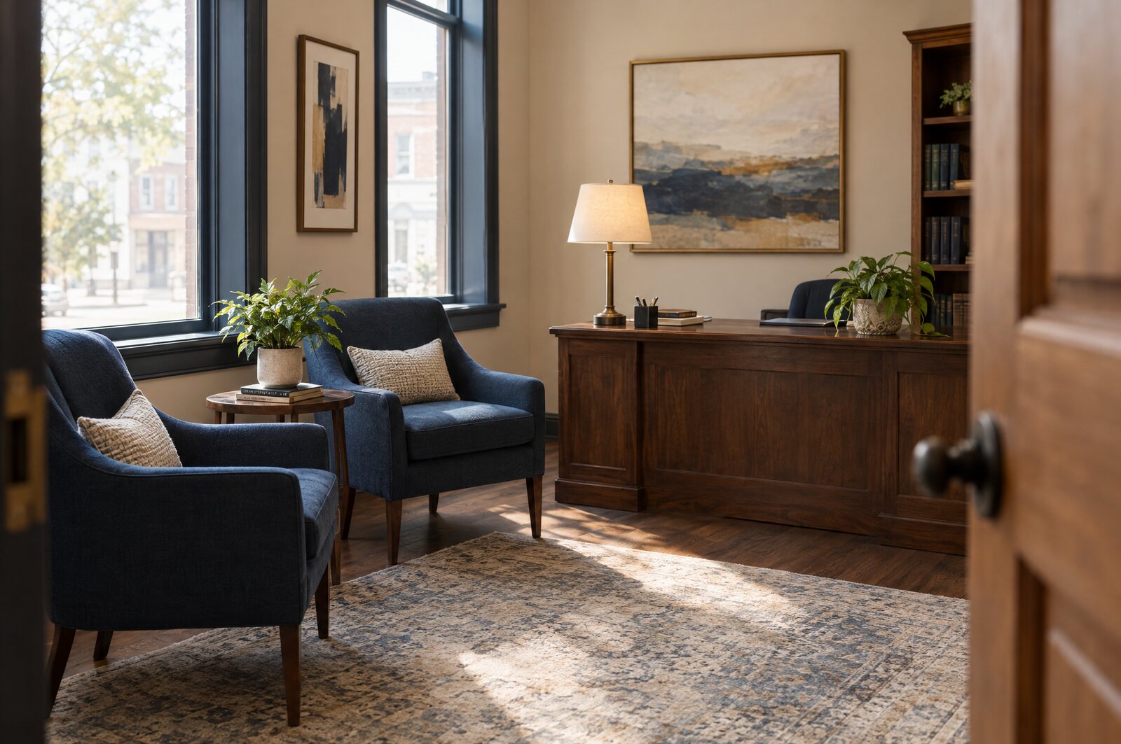 A welcoming law office reception area with chairs, a wooden desk and plants in warm daylight