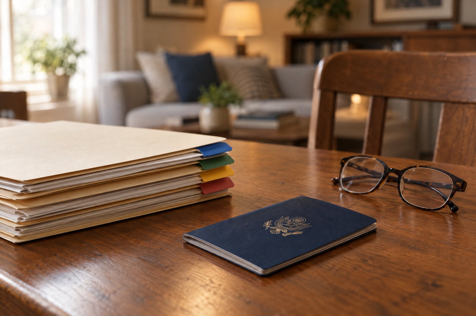 Organized document folders, a U.S. passport and reading glasses on a family dining table