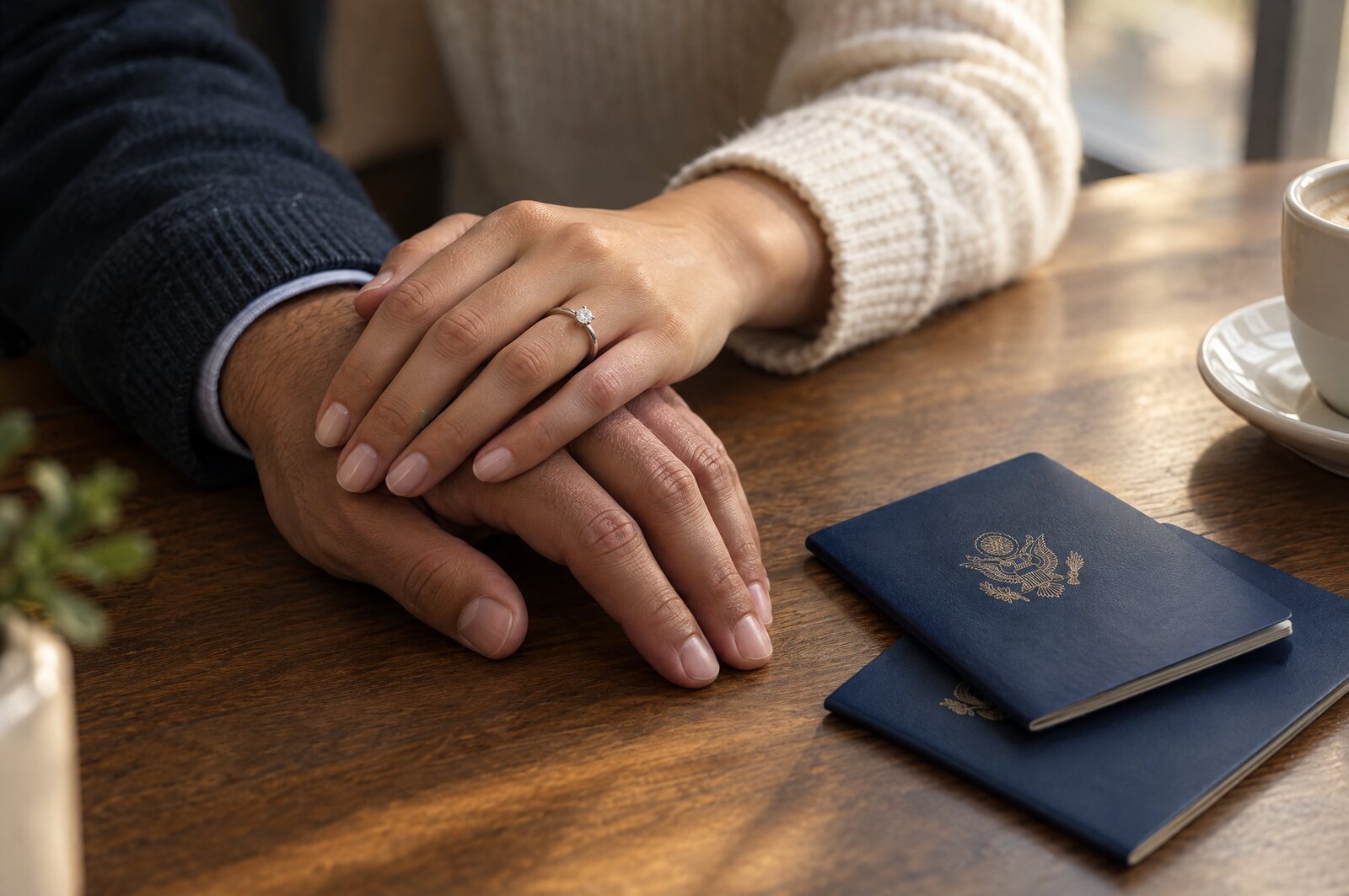 A couple's hands resting together beside two U.S. passports, an engagement ring visible