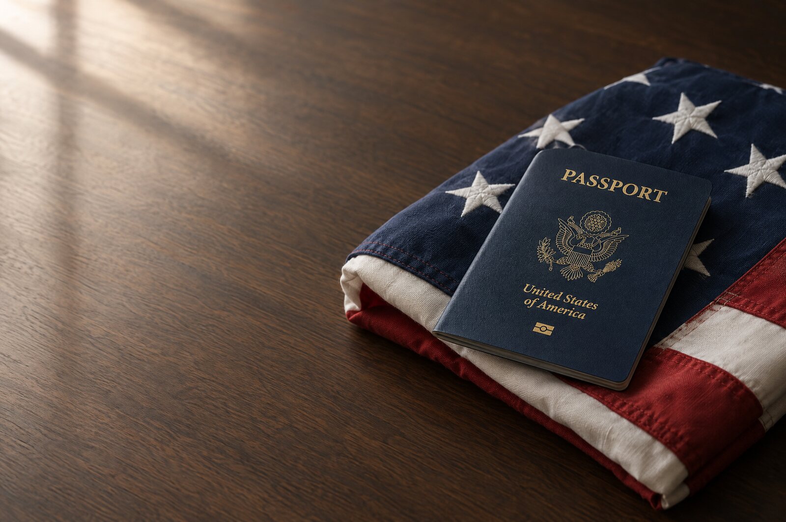 A U.S. passport resting on a folded American flag, symbolizing the goal of citizenship