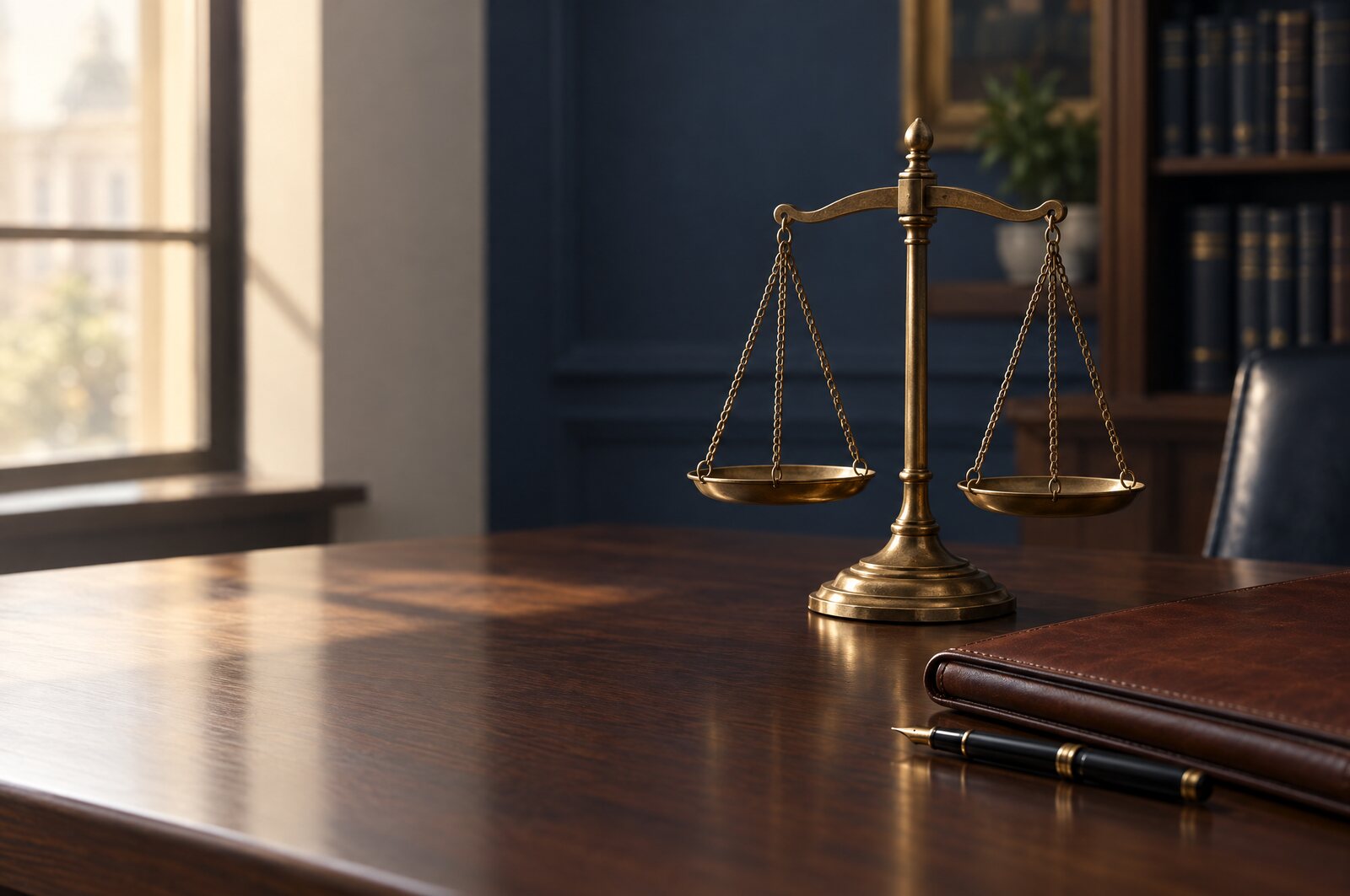 Brass scales of justice beside a leather portfolio and fountain pen on a walnut desk