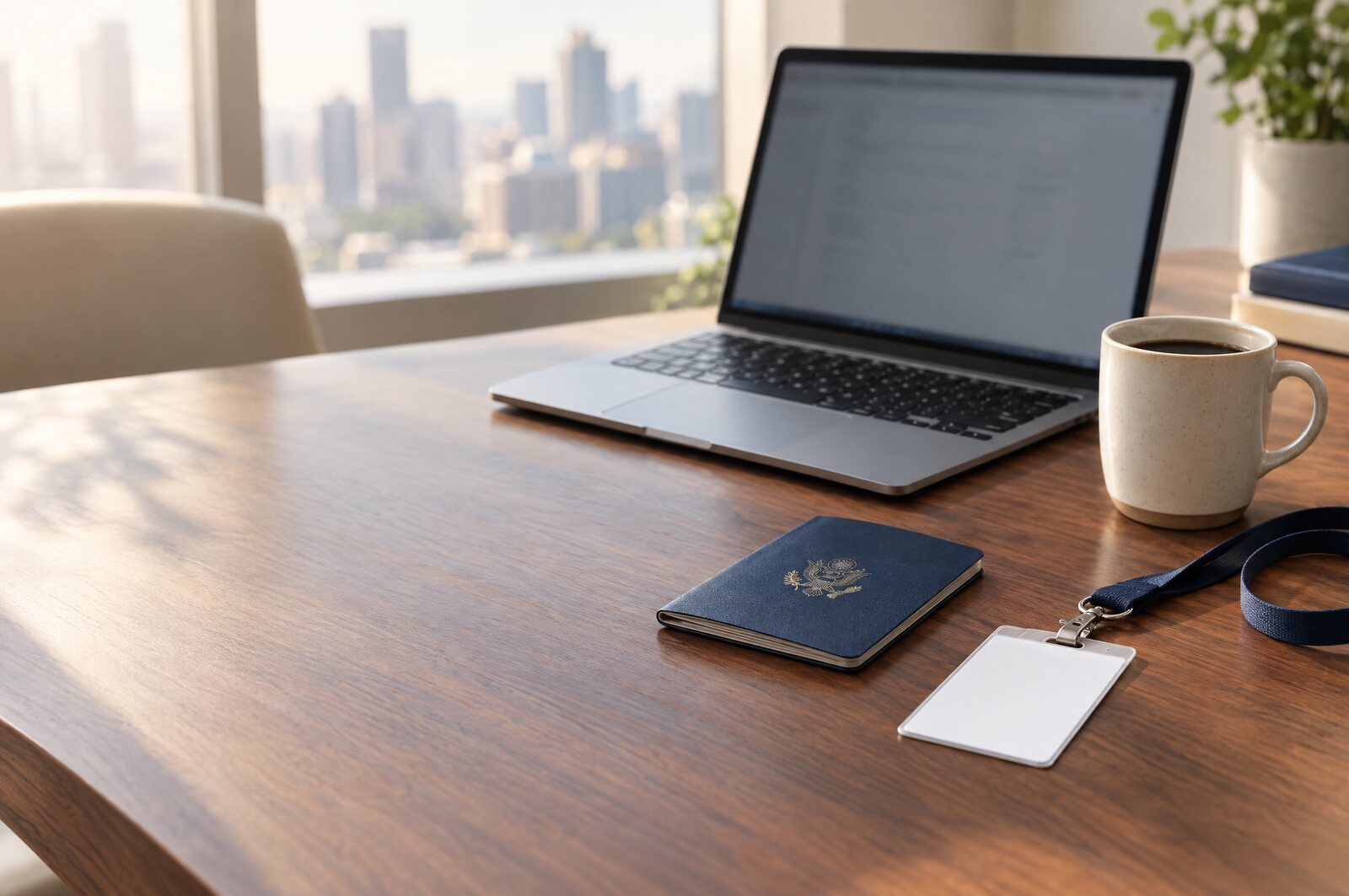 A professional's desk with a laptop, blank ID badge, U.S. passport and coffee cup in office daylight
