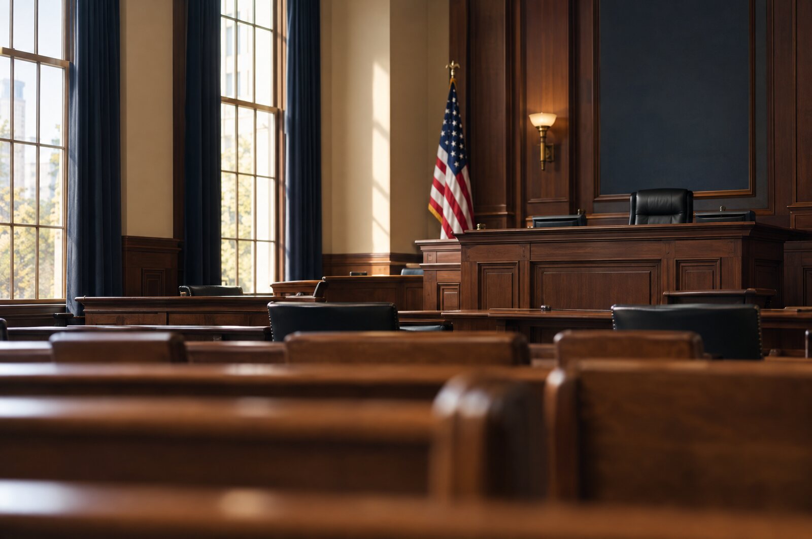 An empty wooden courtroom with an American flag beside the judge's bench