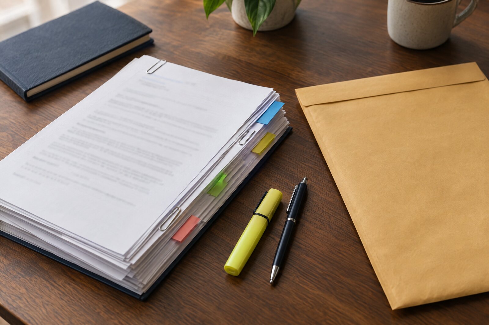 A neatly organized stack of documents with colored tabs, a highlighter and a mailing envelope on a desk