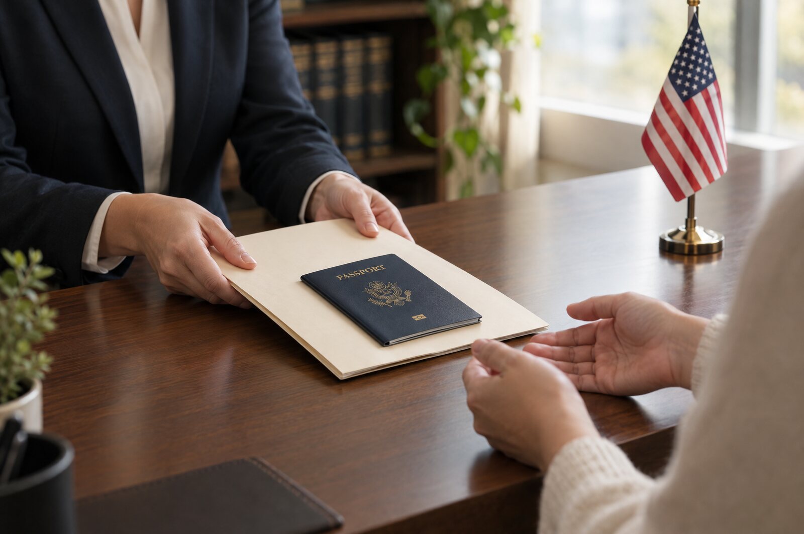 A client's hands passing a document folder and U.S. passport across a law office counter