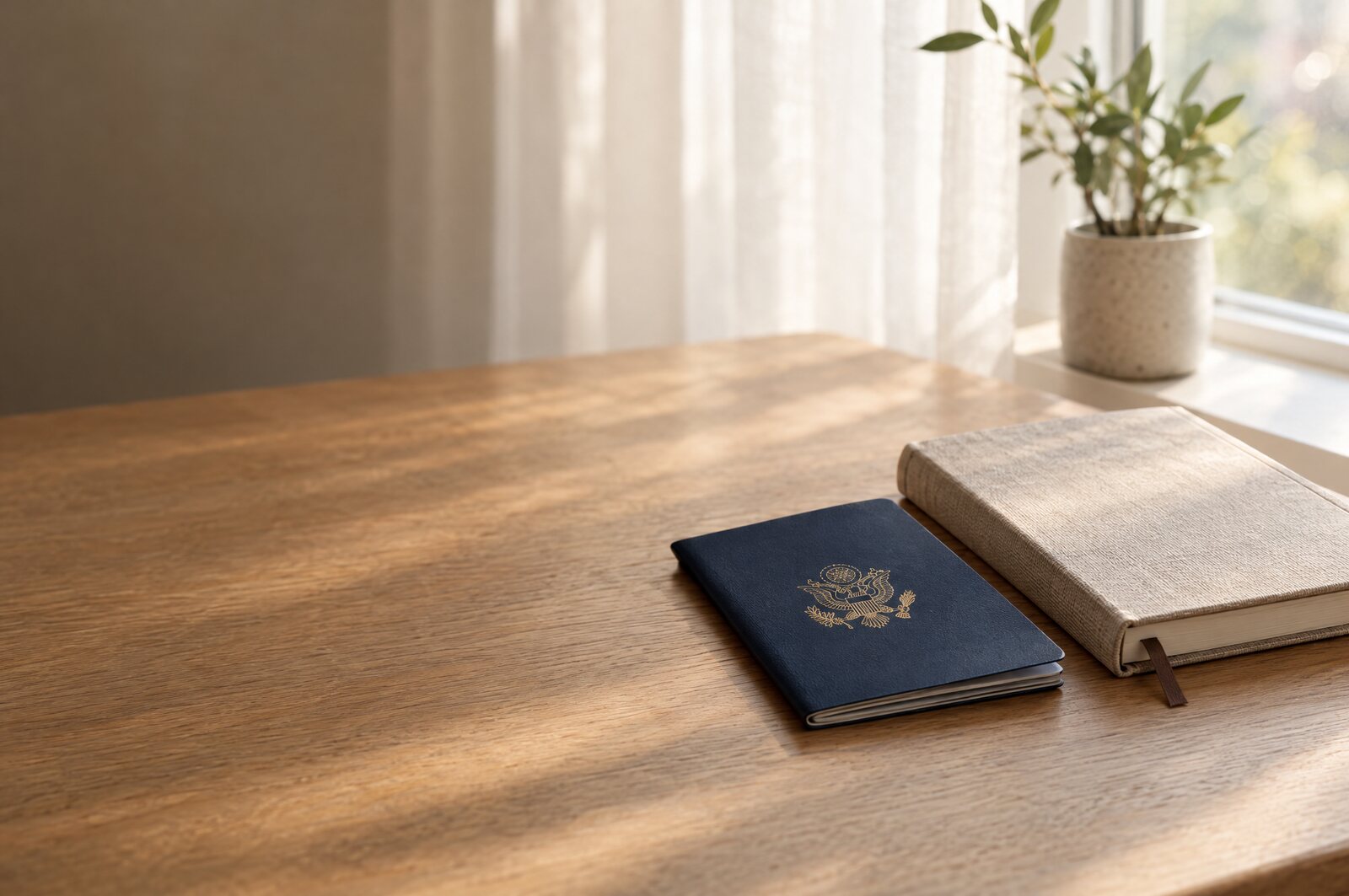 A closed U.S. passport and a notebook on a wooden table in soft morning light from a nearby window