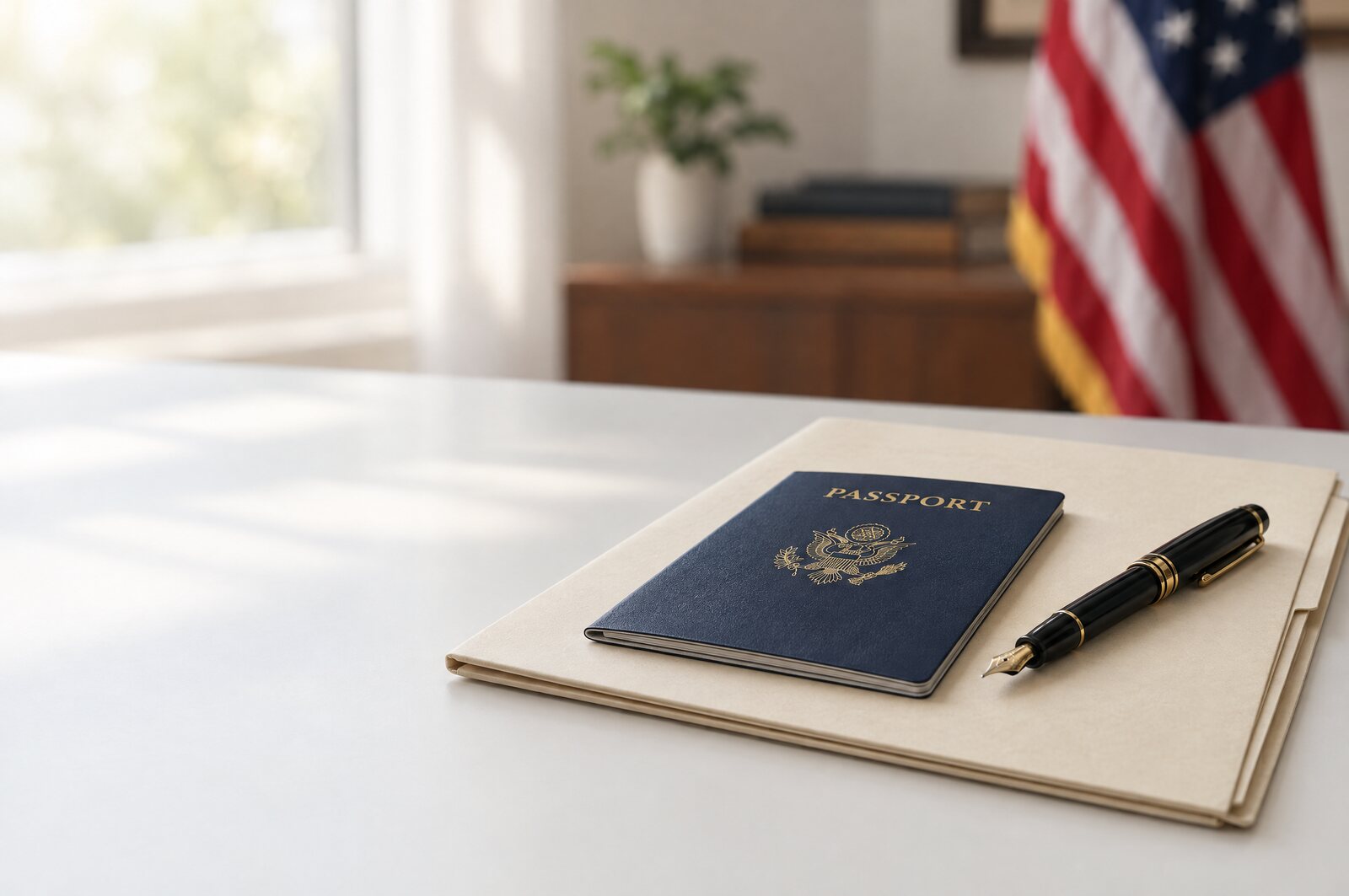 A U.S. passport and fountain pen on a cream document folder, with an American flag softly blurred behind