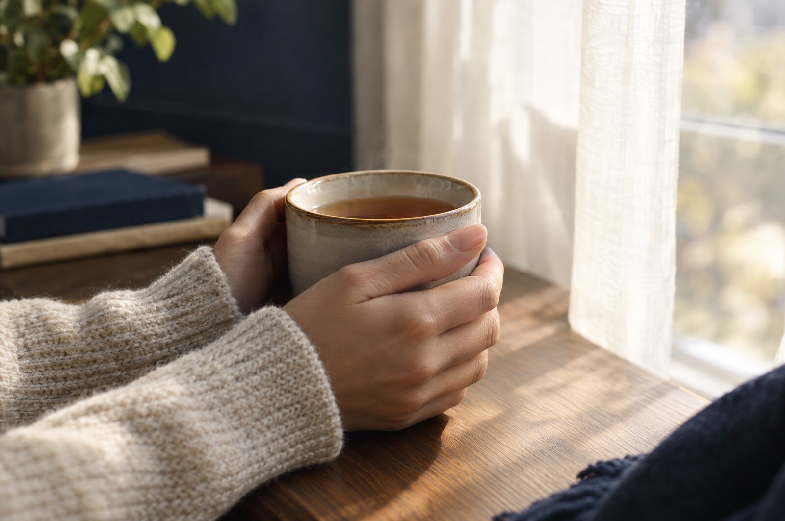 A woman's hands holding a warm cup of tea by a sunlit window