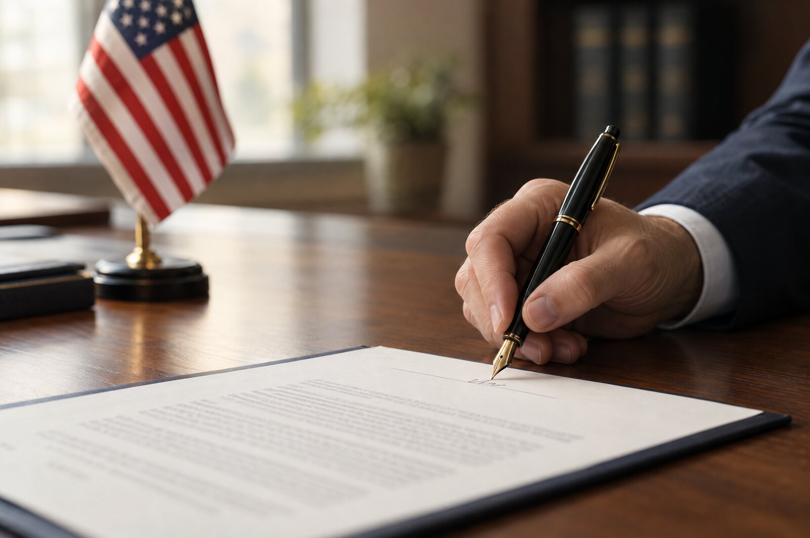 An attorney's hand signing a document with a fountain pen, an American flag blurred in the background